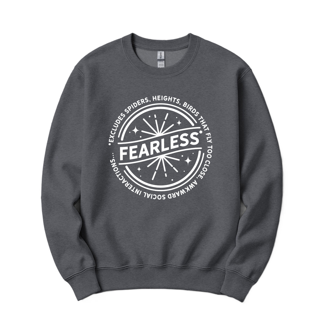"Fearless"* Funny Badge Crewneck in Dark Heather Gray