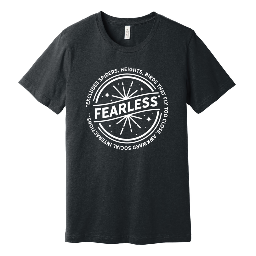 "Fearless"* Funny Badge T-Shirt in Dark Heather Gray