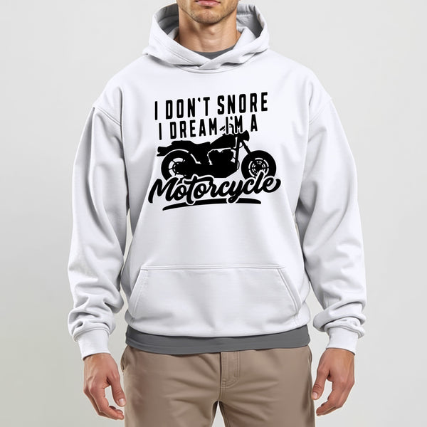 "I Don't Snore, I Dream I'm a Motorcycle" Funny Hoodie in White - Lifestyle Photo