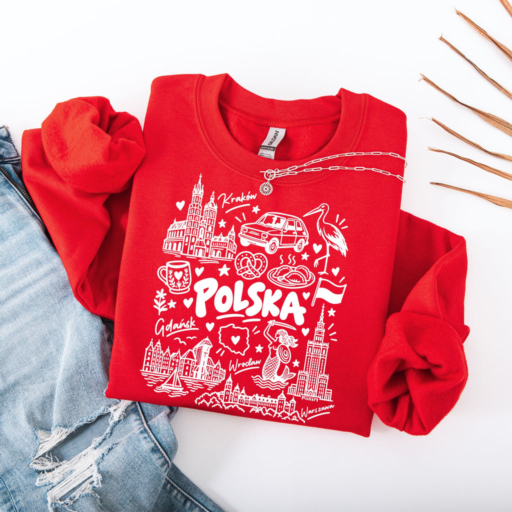 Lifestyle mockup of Polska Landmarks Polish T-shirt, crewneck and hoodie