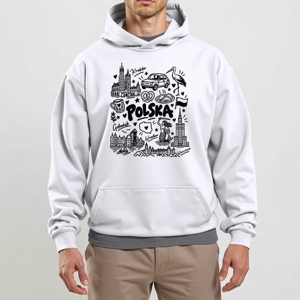 Polska landmarks patriotic Polish hoodie lifestyle photo - white