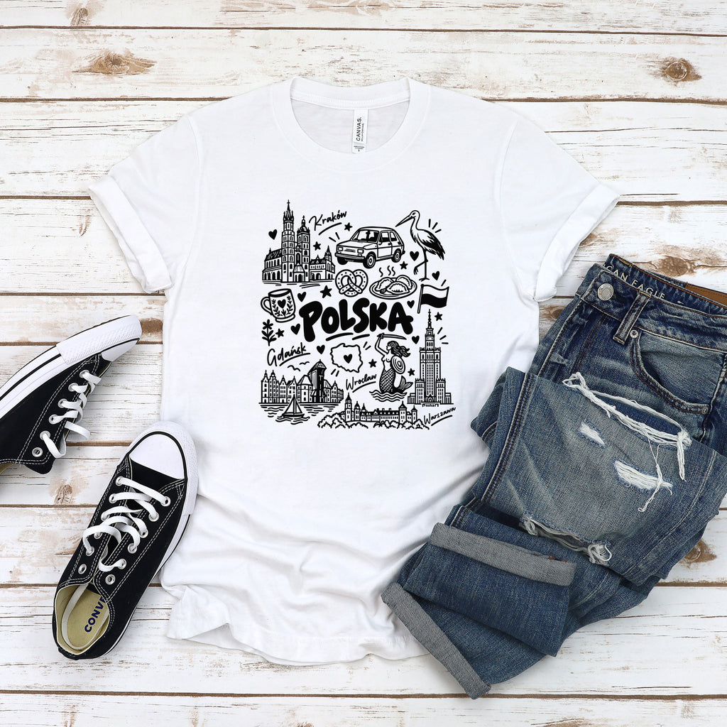 Woman wearing the Polska landmarks patriotic Polish white t-shirt