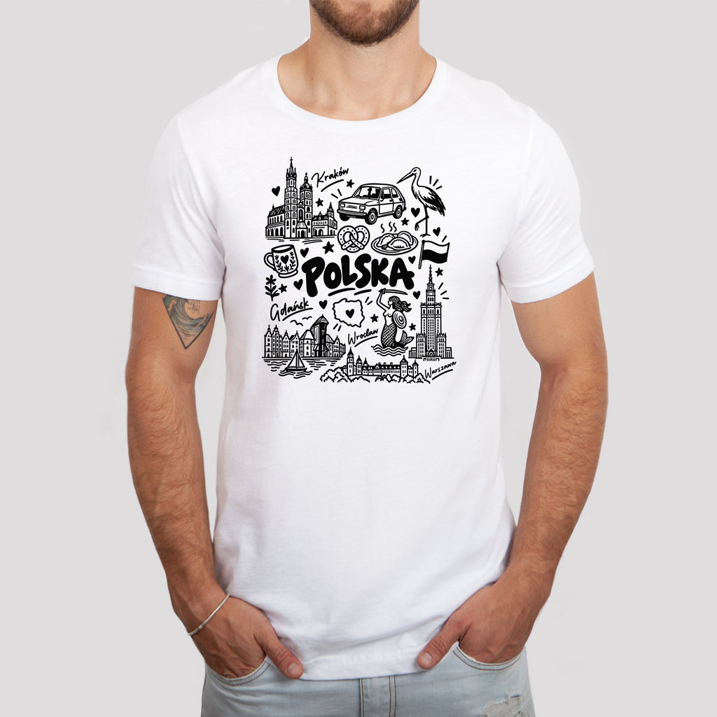 Polska landmarks patriotic Polish t-shirt with Kraków, Gdańsk, Wrocław and Warszawa - white tee