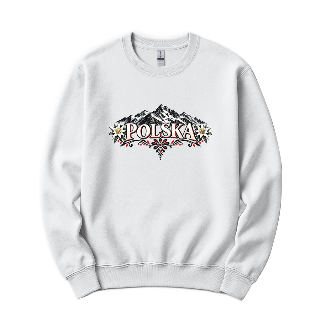Polska Tatra Mountains and edelweiss Polish crewneck sweatshirt - white