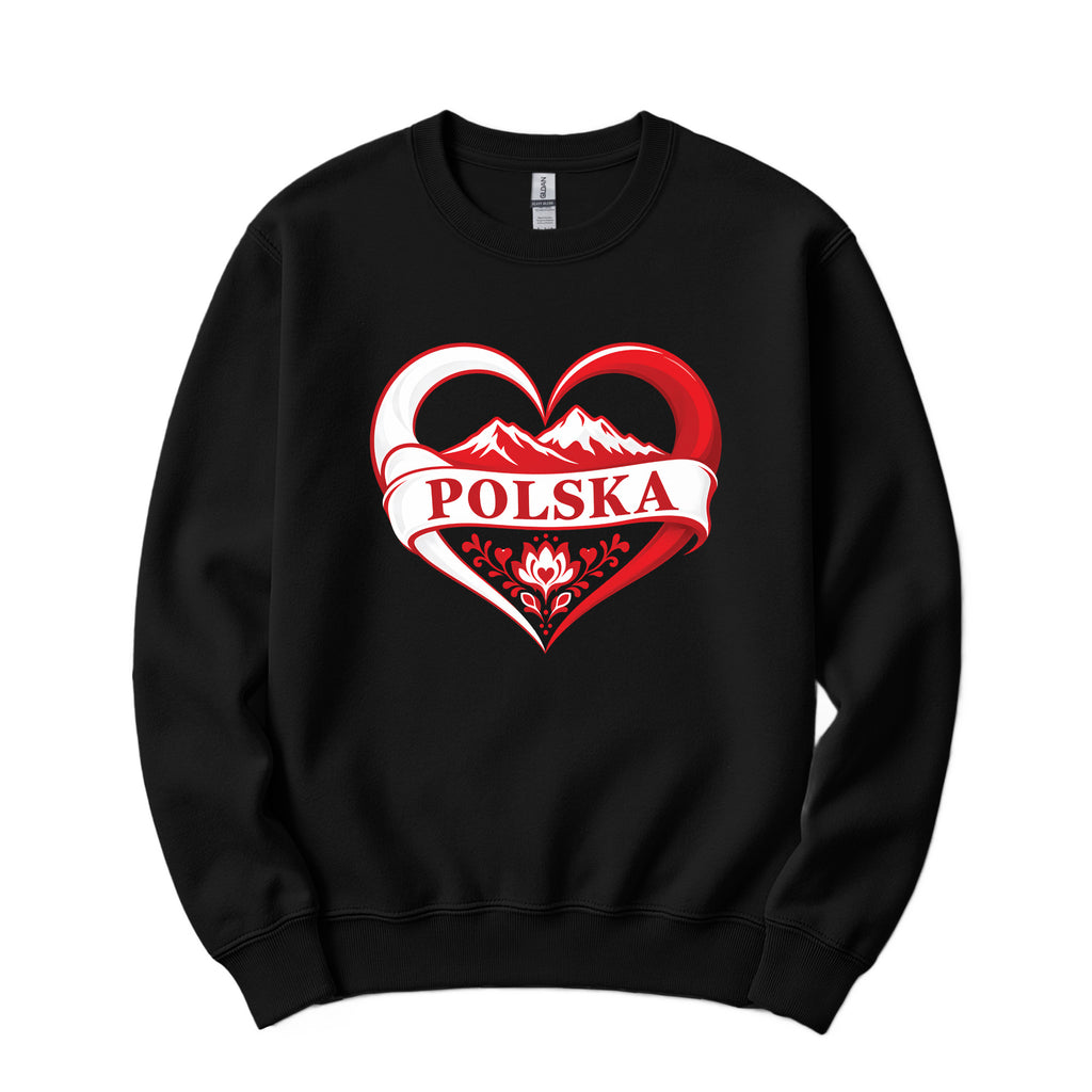 Polska heart with mountains Polish crewneck sweatshirt - black