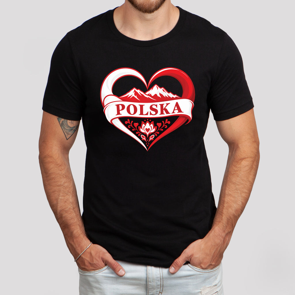 Polska heart with mountains Polish t-shirt - black