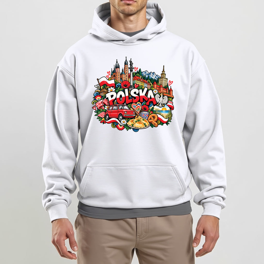 Lifestyle photo of Polska colorful Poland collage Polish hoodie - white
