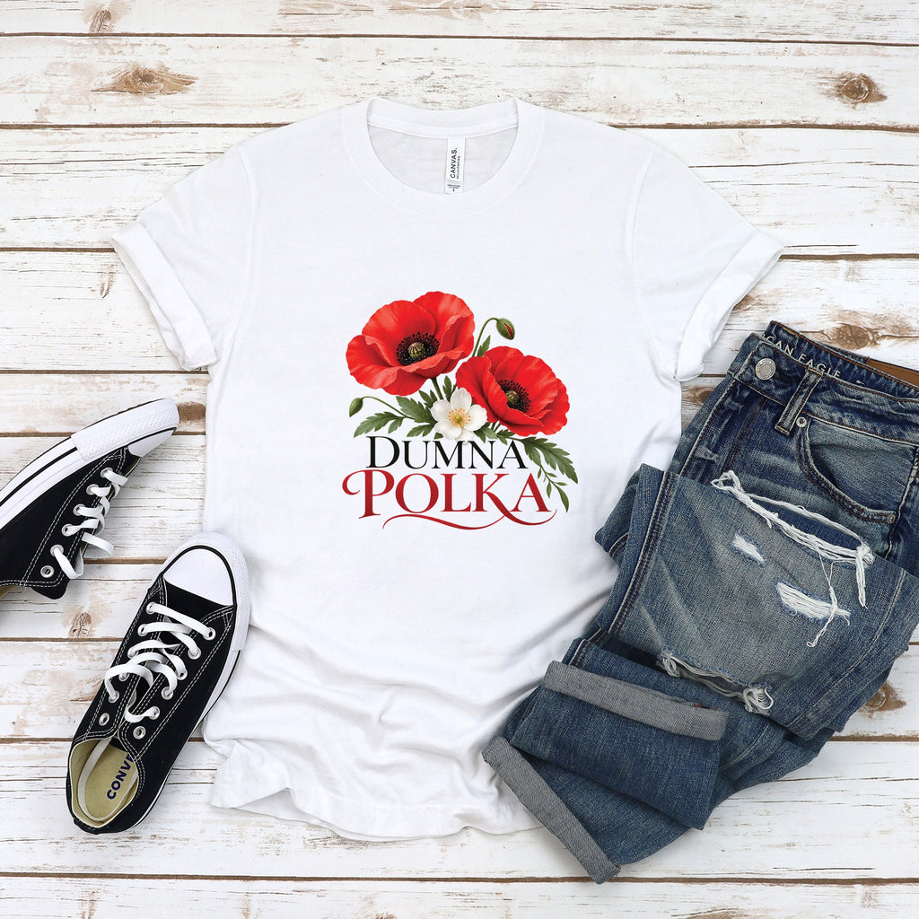 Lifestyle mockup of Dumna Polka Red Poppies Polish T-shirt, crewneck and hoodie