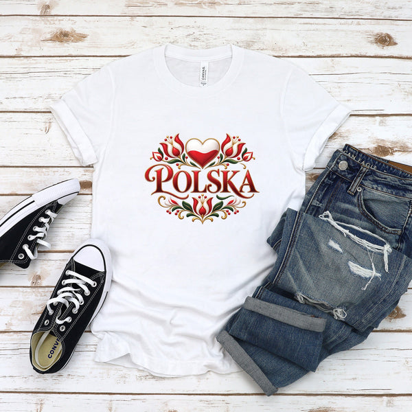 Woman wearing the Polska heart and folk tulips Polish t-shirt