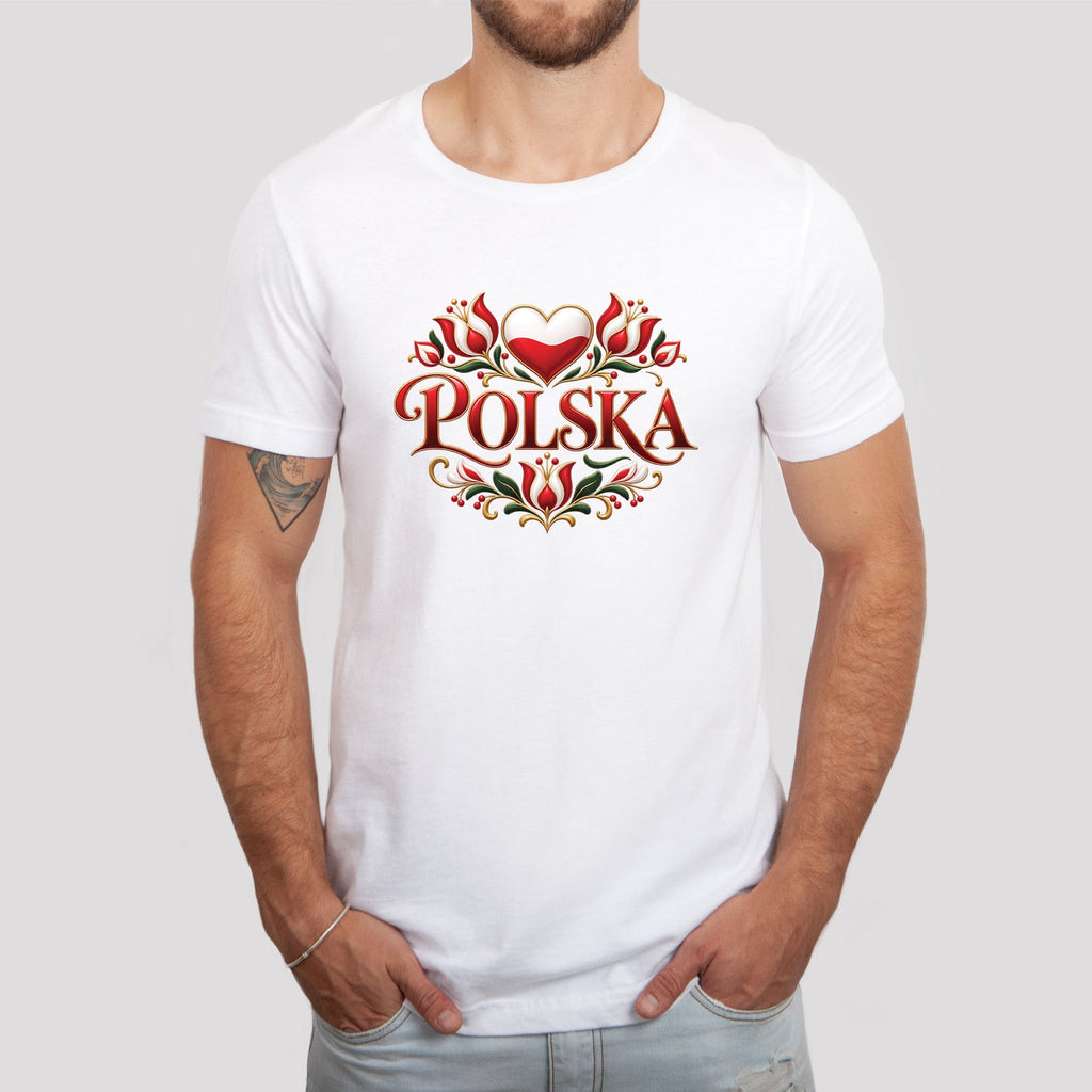 Lifestyle photo of Polska heart and folk tulips Polish t-shirt - white
