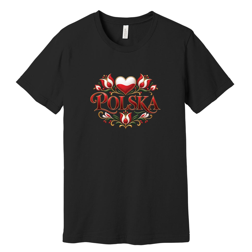 Polska heart and folk tulips Polish t-shirt - black tee