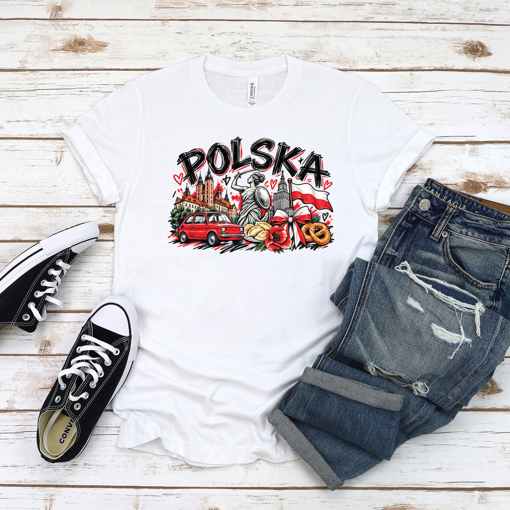 Woman wearing the Polska Poland icons graffiti Polish t-shirt