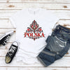 Woman wearing white Polish T-shirt, Polska design