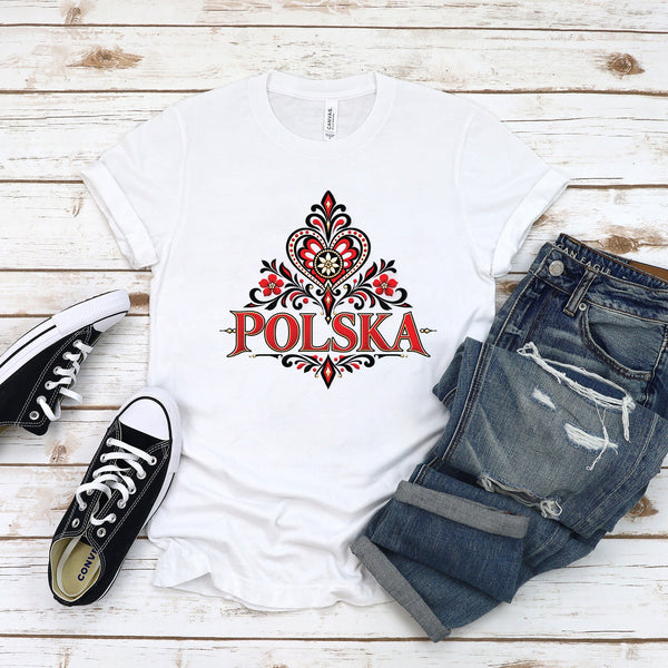 Woman wearing white Polish T-shirt, Polska design