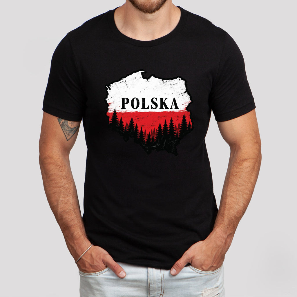 Lifestyle photo of Polska map with forest Polish t-shirt - black tee