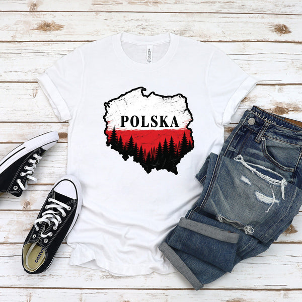Woman wearing the Polska map with forest Polish t-shirt