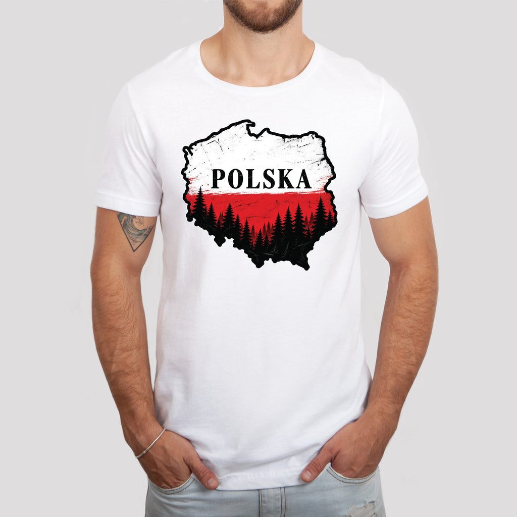 Lifestyle photo of Polska map with forest Polish t-shirt - white tee