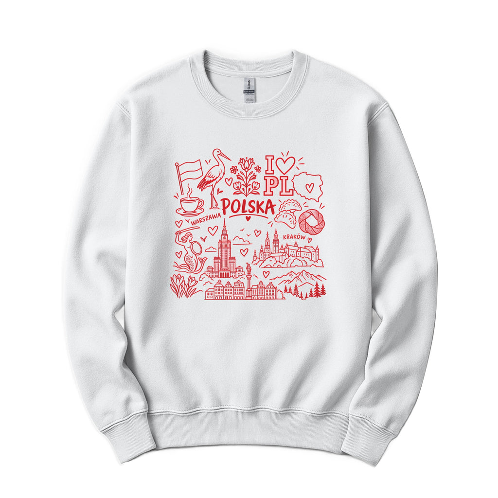 I Love PL red Polska icons doodle Polish crewneck sweatshirt - white