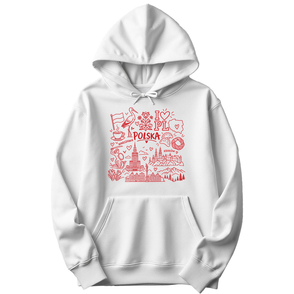 I Love PL red Polska icons doodle Polish hoodie - white
