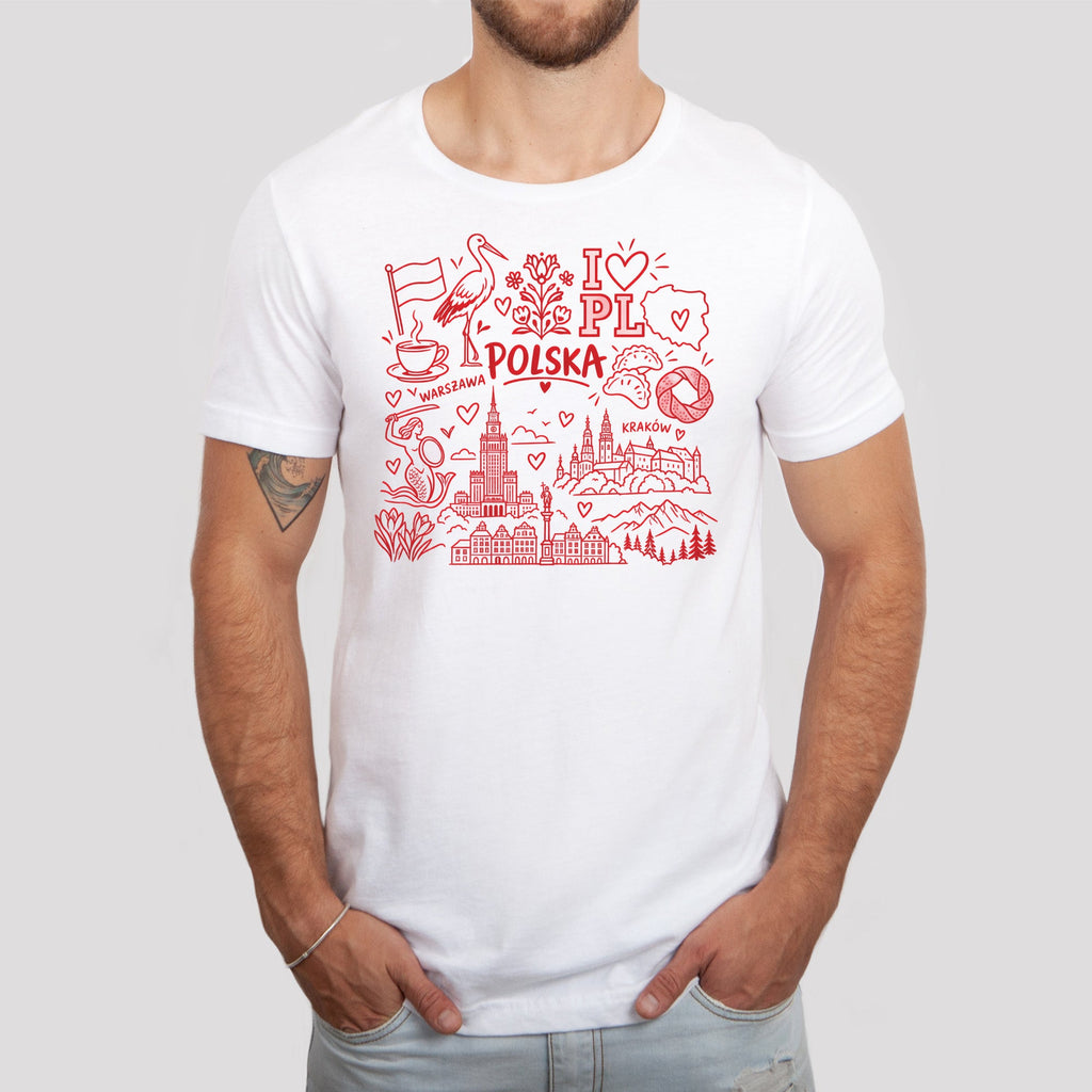 Lifestyle photo of I Love PL red Polska icons doodle Polish t-shirt - white tee