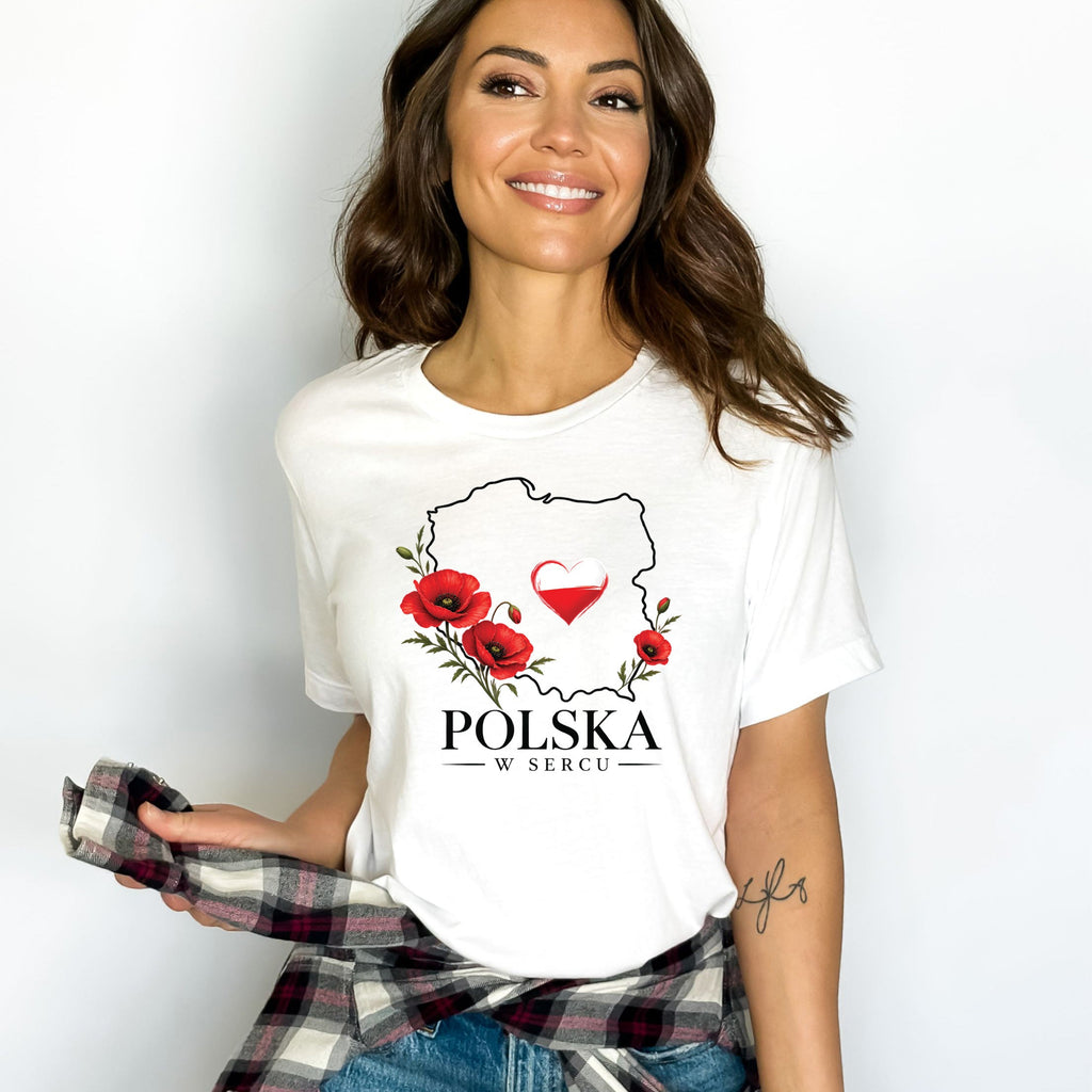 Lifestyle mockup of Polska w Sercu Red Poppies Poland Map Heart T-shirt, crewneck and hoodie