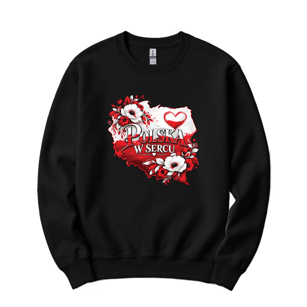 Polska w sercu red and white flowers map Polish crewneck sweatshirt - black