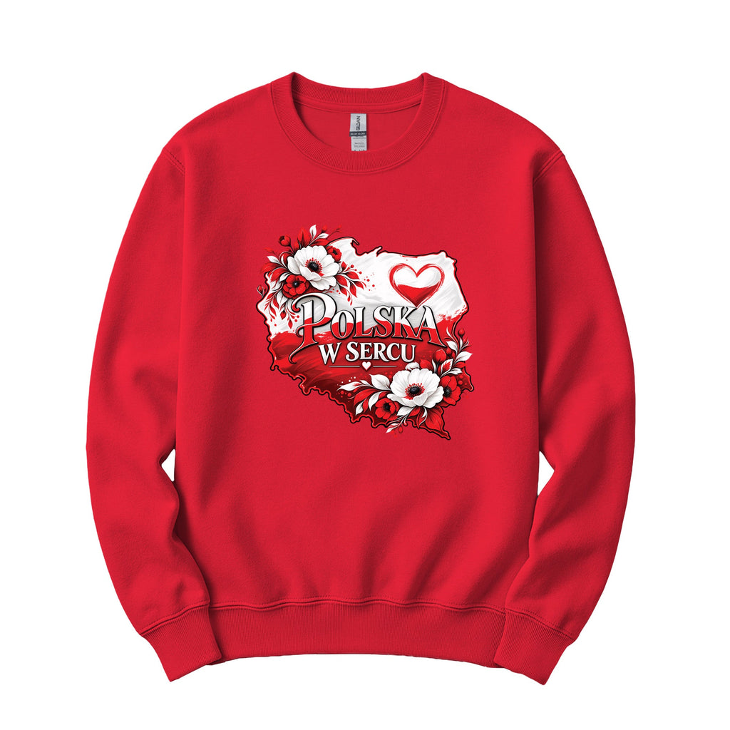 Polska w sercu red and white flowers map Polish crewneck sweatshirt - red