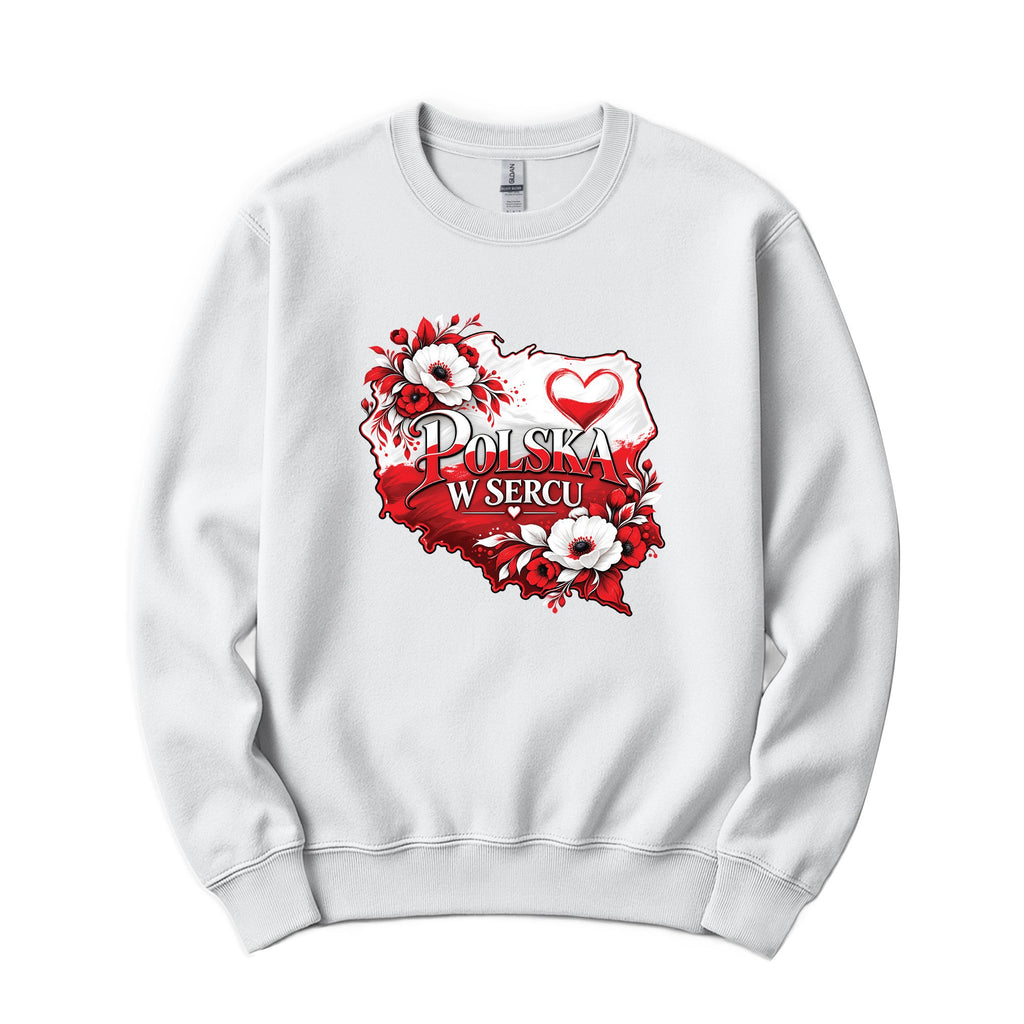 Polska w sercu red and white flowers map Polish crewneck sweatshirt - white