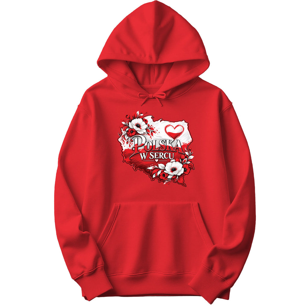 Polska w sercu red and white flowers map Polish hoodie - red