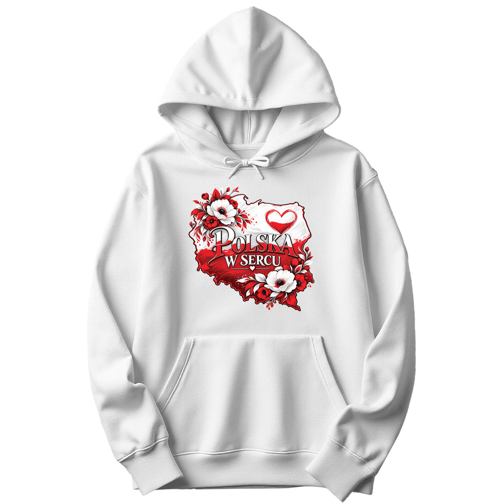 Polska w sercu red and white flowers map Polish hoodie - white