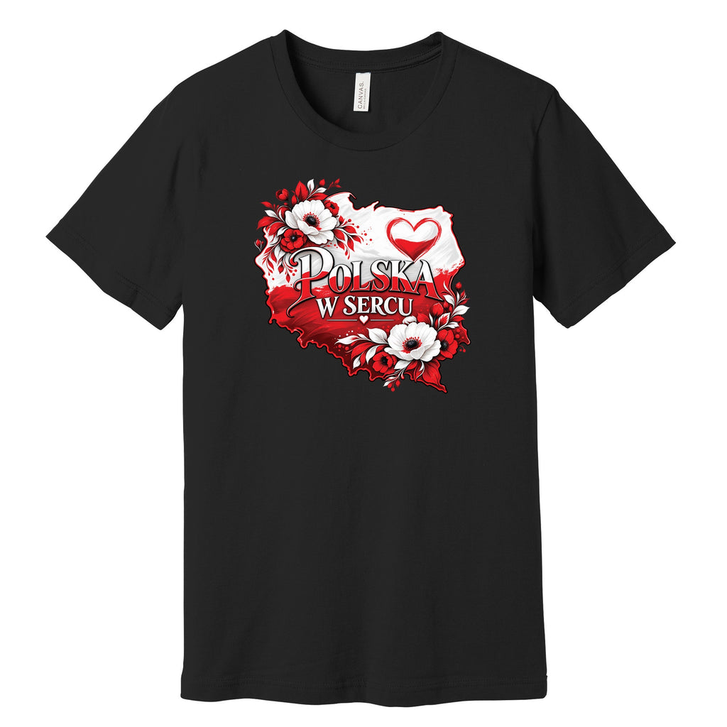 Polska w sercu red and white flowers map Polish t-shirt - black tee