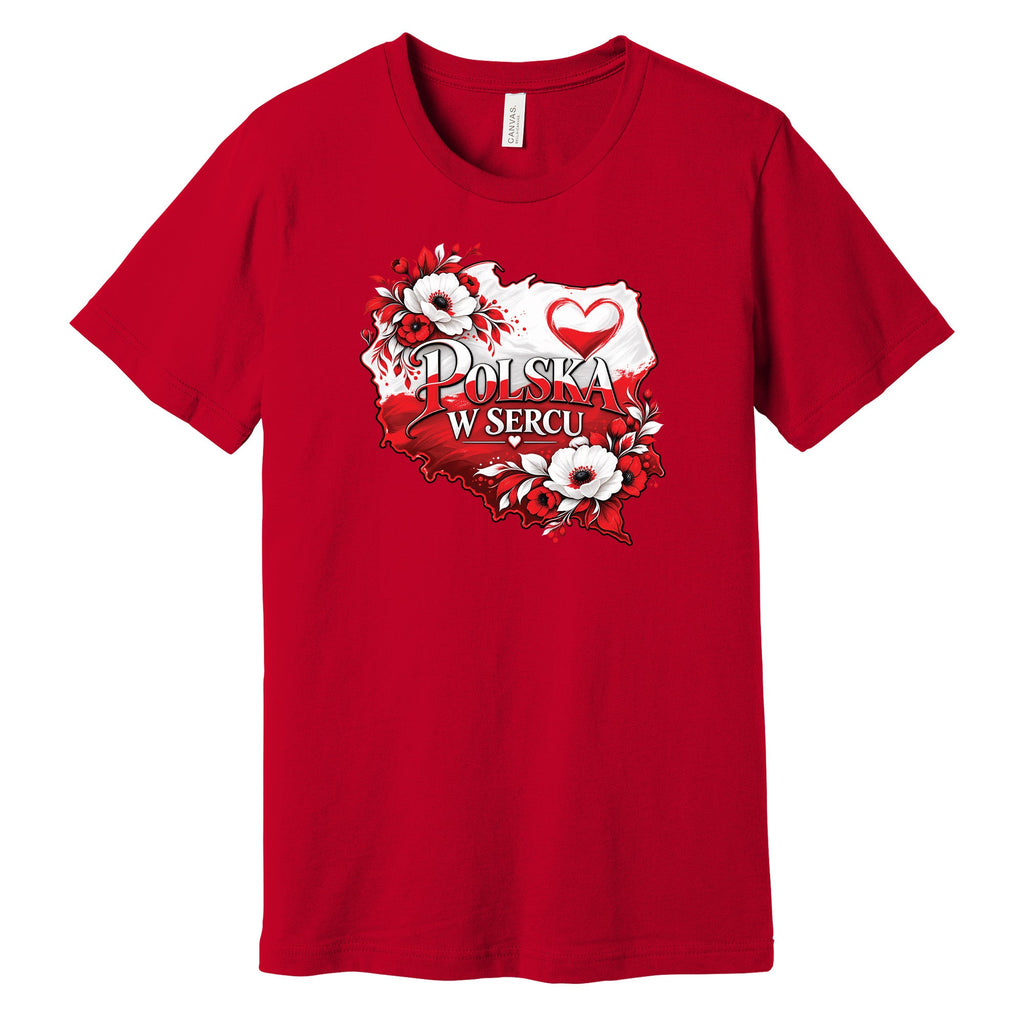Polska w sercu red and white flowers map Polish t-shirt - red tee