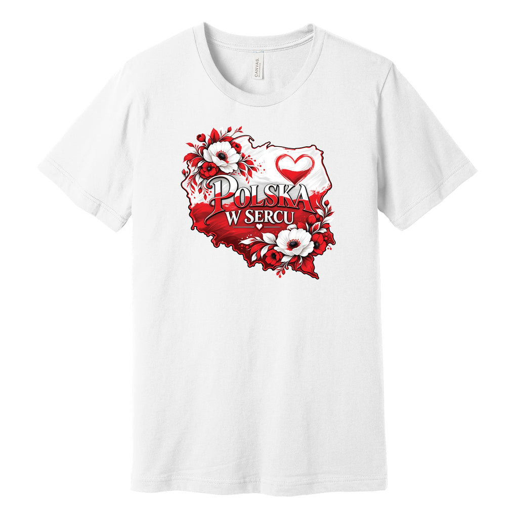 Polska w sercu red and white flowers map Polish t-shirt - white tee