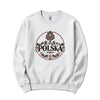 Lifestyle mockup of POLSKA Mountain Folk Emblem Polish T-shirt, crewneck and hoodie