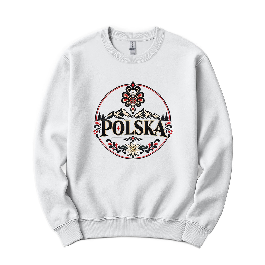 Lifestyle mockup of POLSKA Mountain Folk Emblem Polish T-shirt, crewneck and hoodie