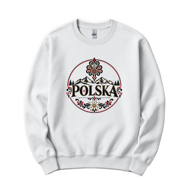 Lifestyle mockup of POLSKA Mountain Folk Emblem Polish T-shirt, crewneck and hoodie