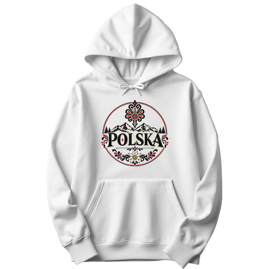 White hoodie with POLSKA Polish folk art mountain emblem, red and black ornaments and edelweiss