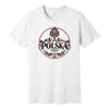 White t-shirt with POLSKA Polish folk art mountain emblem, red and black ornaments and edelweiss
