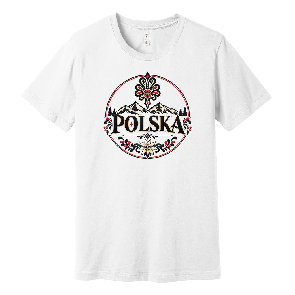 White t-shirt with POLSKA Polish folk art mountain emblem, red and black ornaments and edelweiss