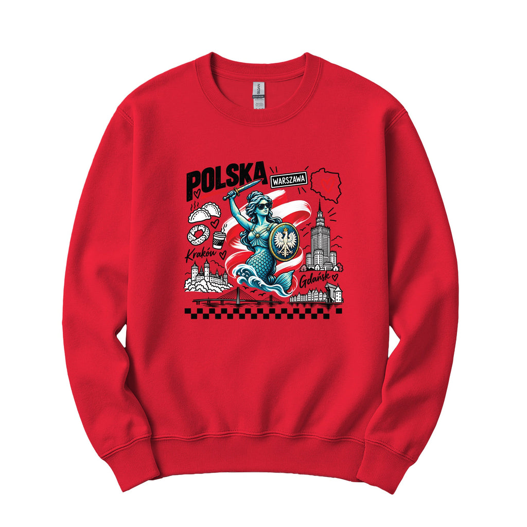 Red crewneck sweatshirt with POLSKA Syrenka mermaid of Warsaw and Polish landmarks doodle design