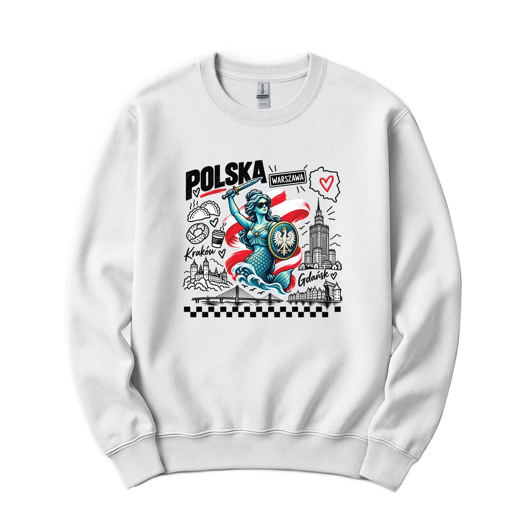 White crewneck sweatshirt with POLSKA Syrenka mermaid of Warsaw and Polish landmarks doodle design