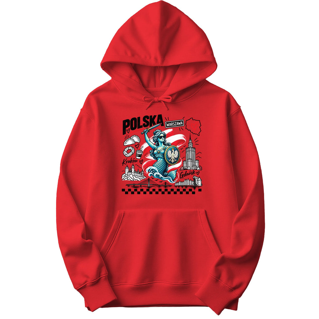 Red hoodie with POLSKA Syrenka mermaid of Warsaw and Polish landmarks doodle design