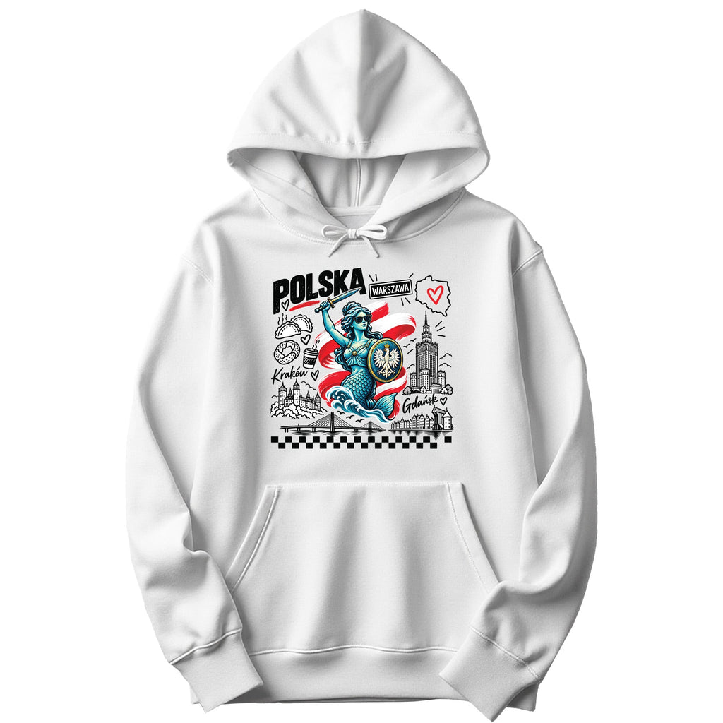 White hoodie with POLSKA Syrenka mermaid of Warsaw and Polish landmarks doodle design