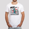 Man wearing a white t-shirt with POLSKA Syrenka mermaid of Warsaw and Polish landmarks doodle design