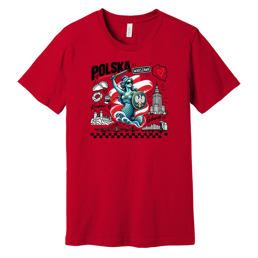 Red t-shirt with POLSKA Syrenka mermaid of Warsaw and Polish landmarks doodle design