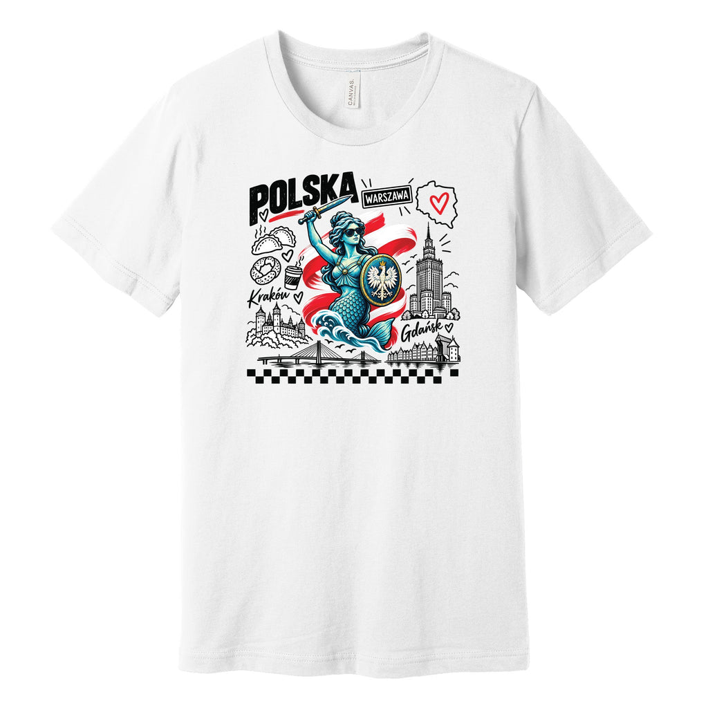 White t-shirt with POLSKA Syrenka mermaid of Warsaw and Polish landmarks doodle design