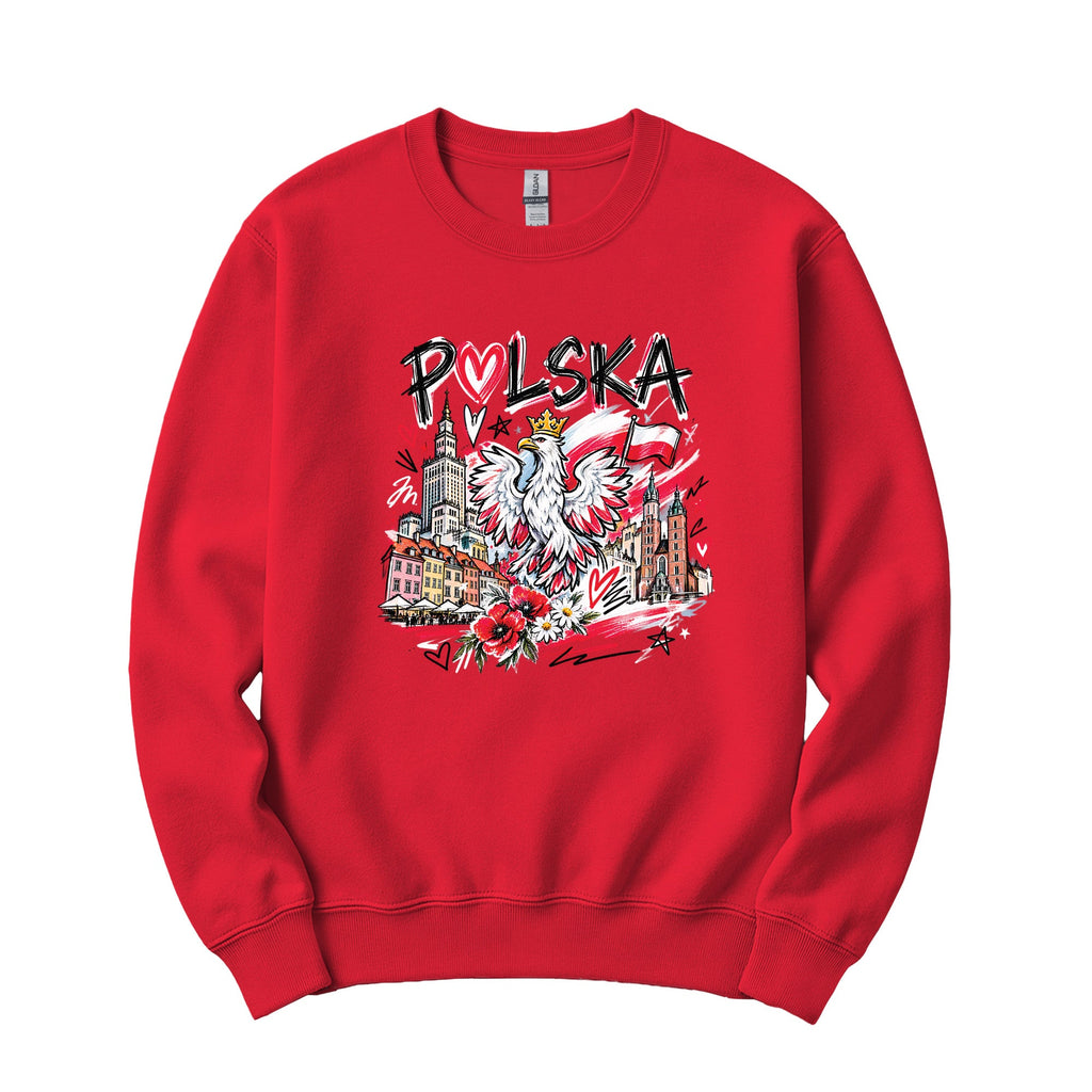Polska crowned eagle Warsaw Krakow design on red Polish crewneck sweatshirt