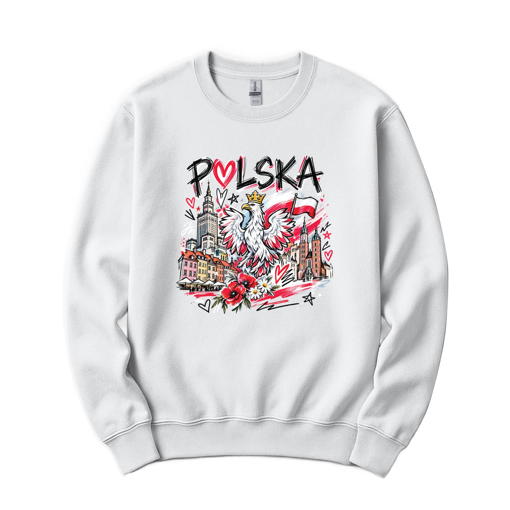 Polska crowned eagle Warsaw Krakow design on white Polish crewneck sweatshirt