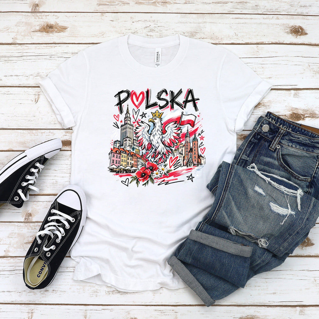 Polska crowned eagle with Warsaw and Krakow landmarks, red hearts and poppies, Polish t-shirt on woman