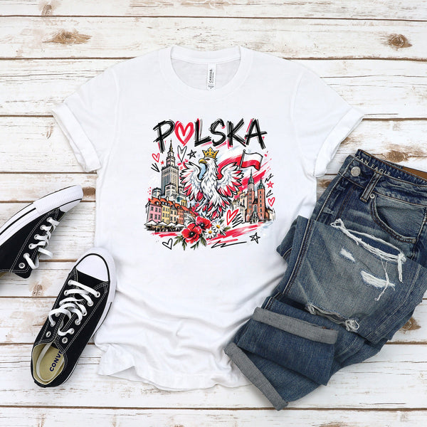 Polska crowned eagle with Warsaw and Krakow landmarks, red hearts and poppies, Polish t-shirt on woman